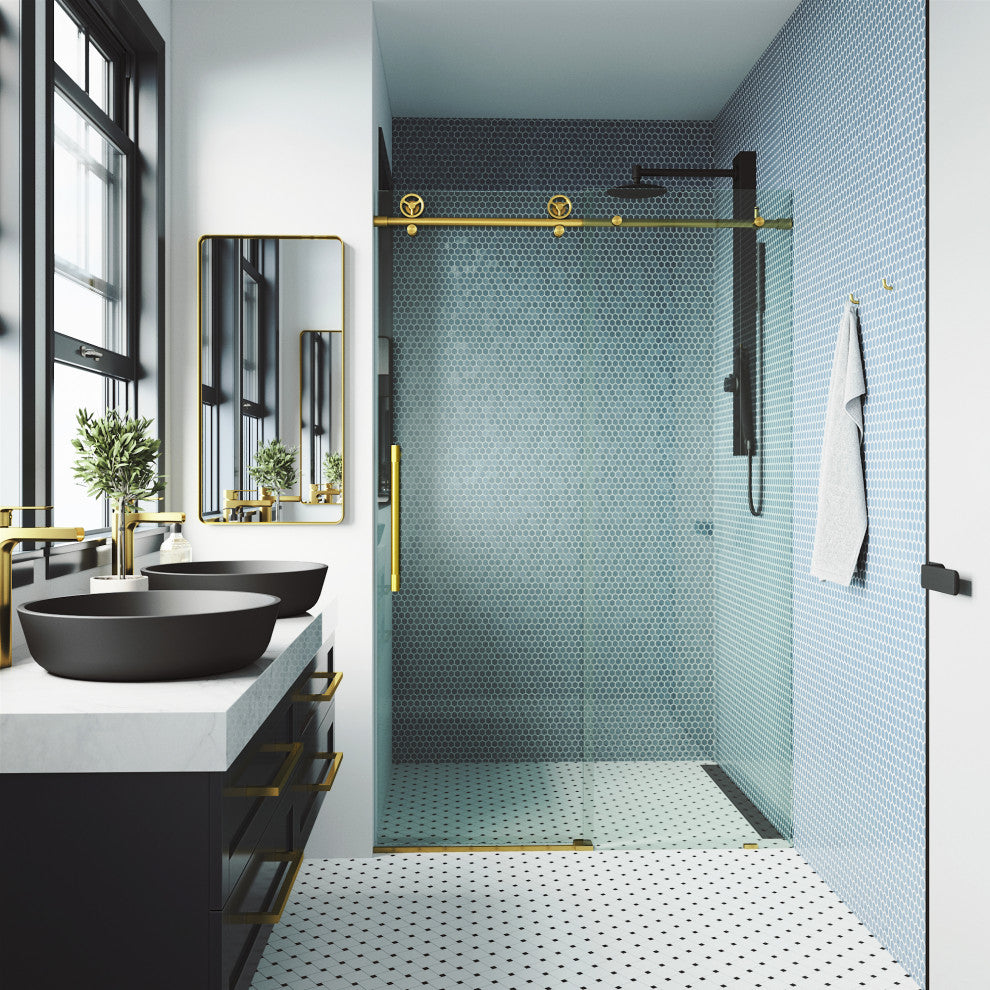 VIGO Elan Cass Aerodynamic 60" to 64" W x 76" H Frameless Sliding Shower Door, Matte Brushed Gold, Clear Glass
