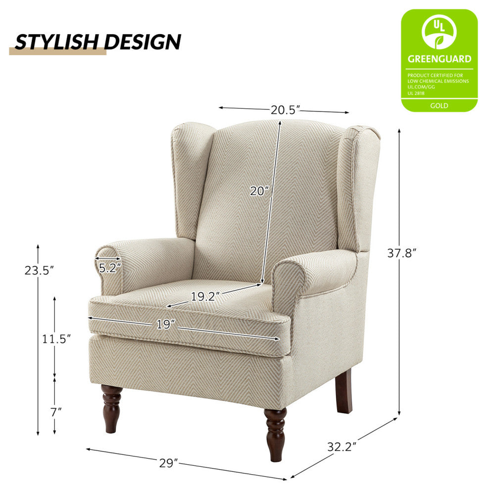 Floral Wingback Armchair with Turned Legs, Tan
