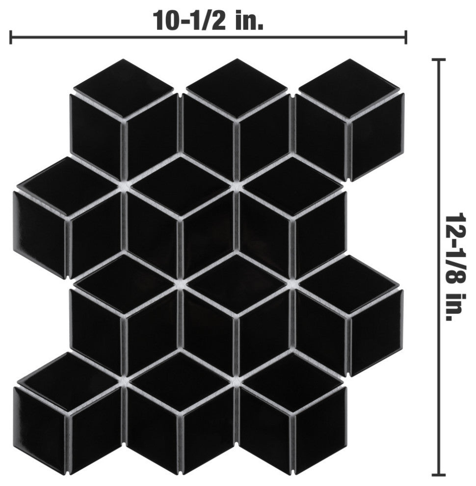 Metro Rhombus Glossy Black Porcelain Floor and Wall Tile