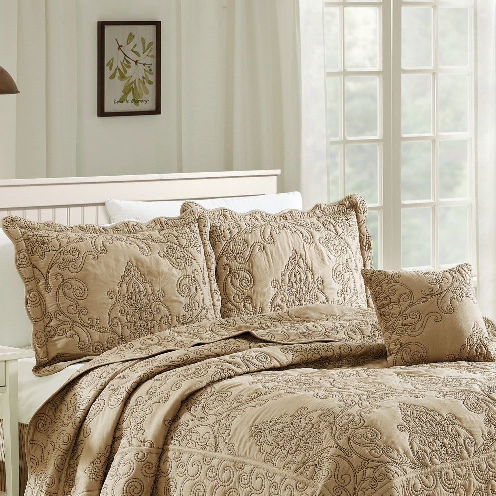 Damask Embroidered Quilted 4 Piece Bed Spread Sets, Incense, King
