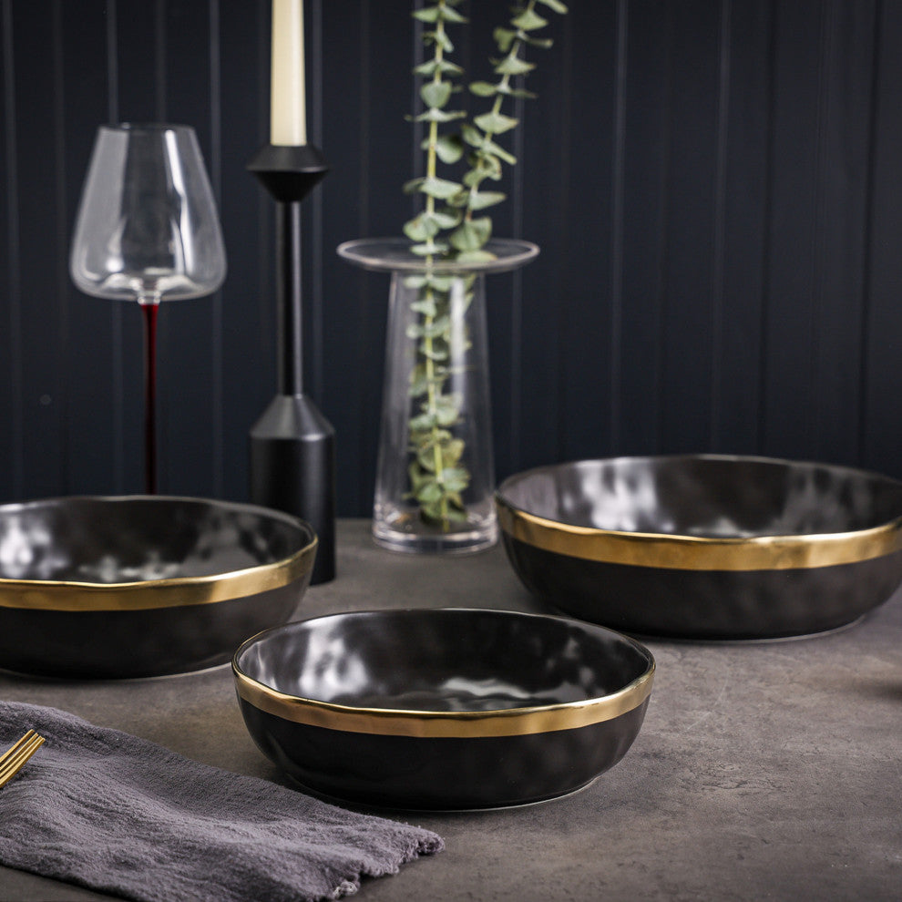 3-Piece Stone Lain Florian Porcelain Serving Bowl Set, Black