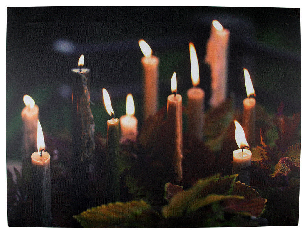 Battery Operated 6 LED Candle and Leaves Scene Canvas Wall Hanging, 15.75"