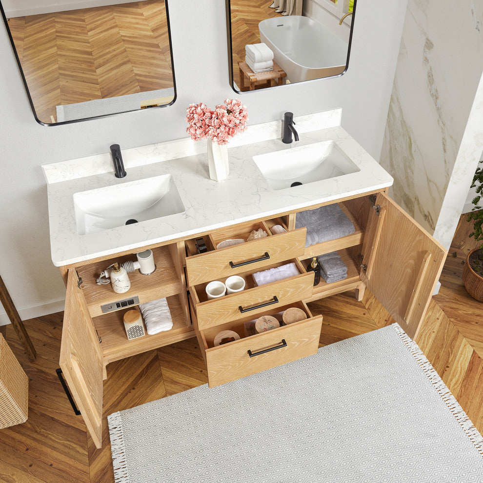 Gara Bath Vanity, Stone Top, Washed Ash Grey, 60", Double Vanity, No Mirror