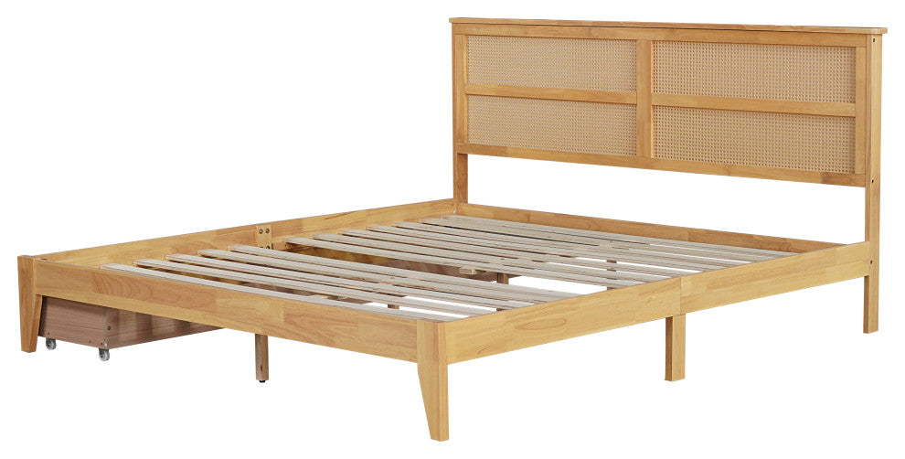 GDF Studio King Size Platform Bed, Rattan Headboard & Storage Drawers, White Oak
