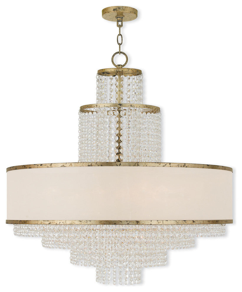 Chandelier With Clear Crystals and Handcrafted Off-White Sheer Organza Shade