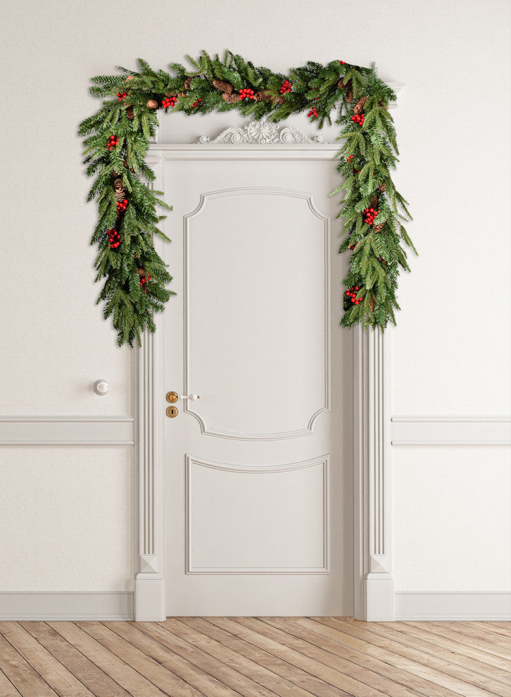 Serene Spaces Living 9ft Faux Pine Garland With Red Berries and Mini Pinecones
