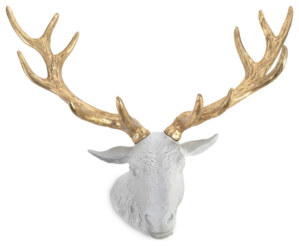 Stag Deer Head, White, Gold Leaf