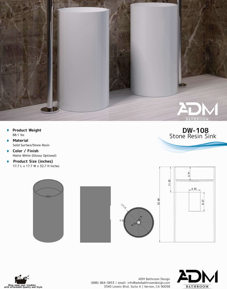 ADM Circular Freestanding Pedestal Sink, White, 18", Matte White