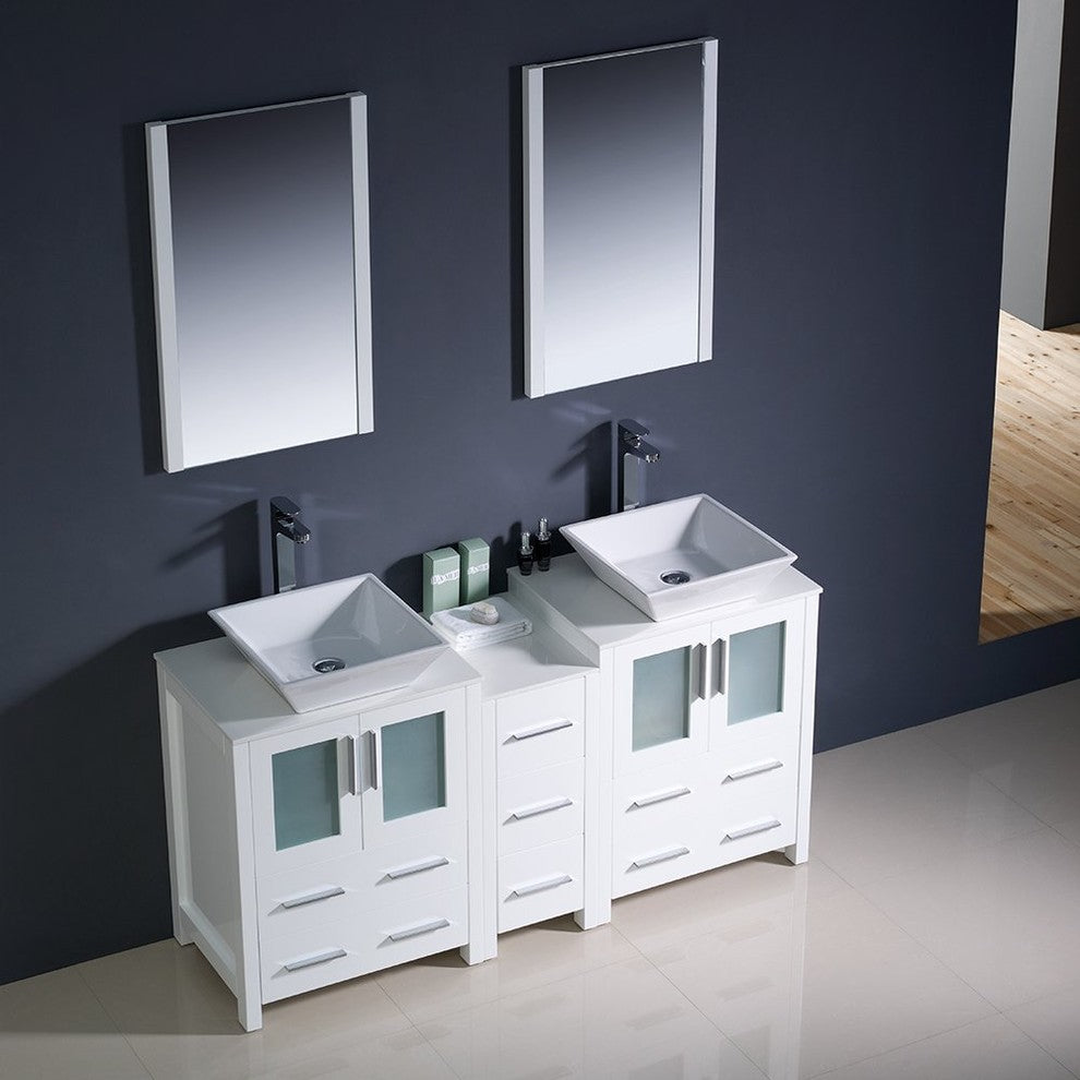 Torino 60" White Modern Double Sink Bathroom Vanity, Faucet FFT3072CH