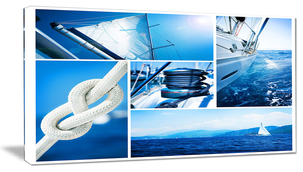 Sailing Yacht in Blue Sea Collage, Large Seashore Canvas Wall Art, 32"x16"