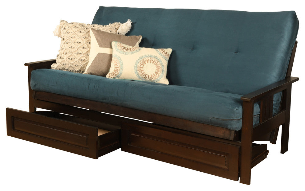Caleb Frame Futon With Espresso Finish, Storage Drawers, Suede Blue