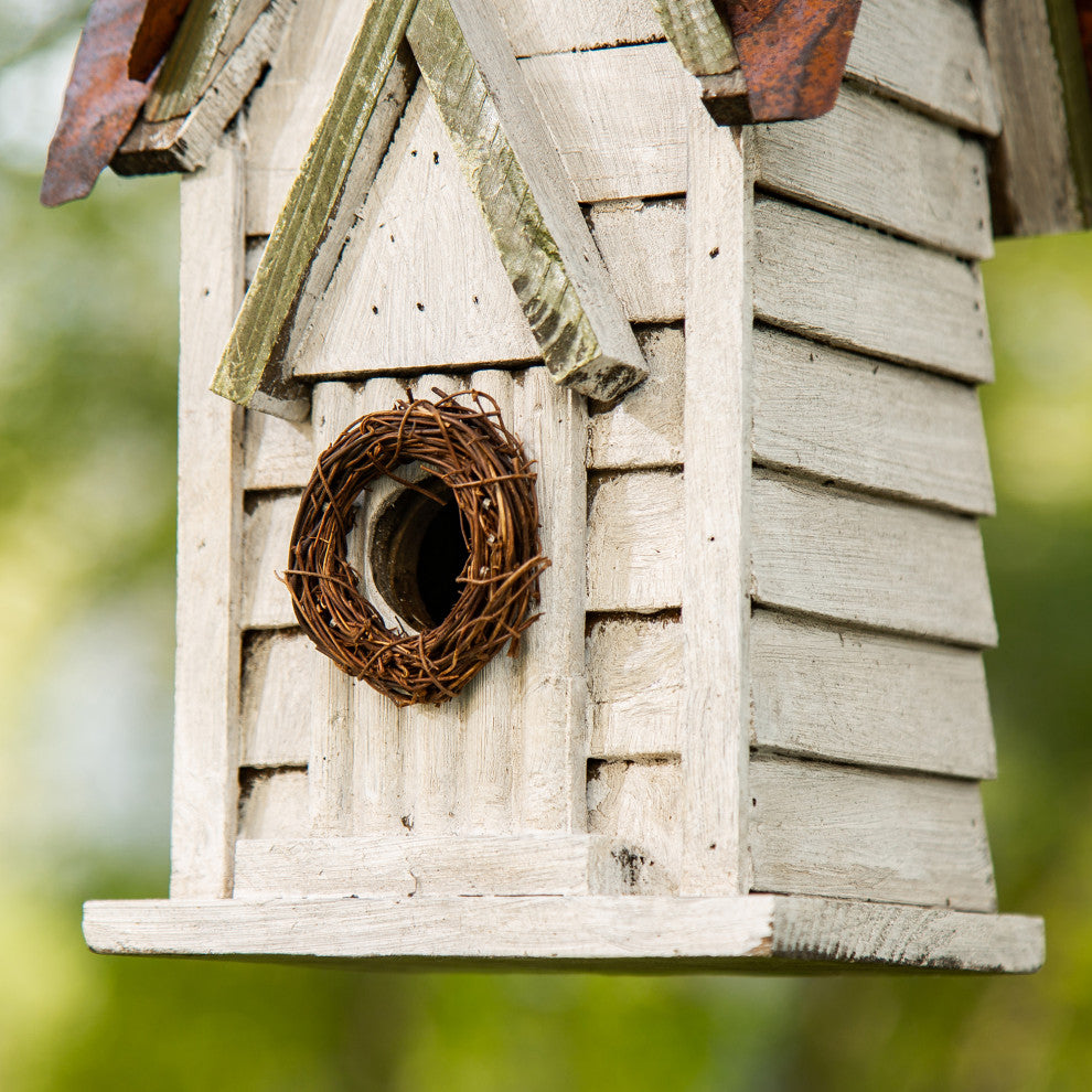 12"H Washed White Distressed Solid Wood Cottage Birdhouse