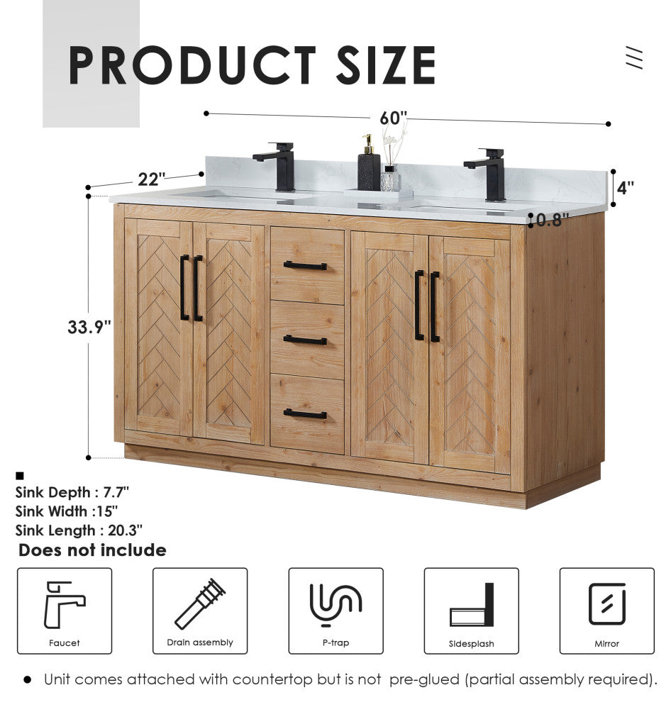 Anais Vanity Grain White Engineered Stone Countertop, Light Brown, 60", No Mirror