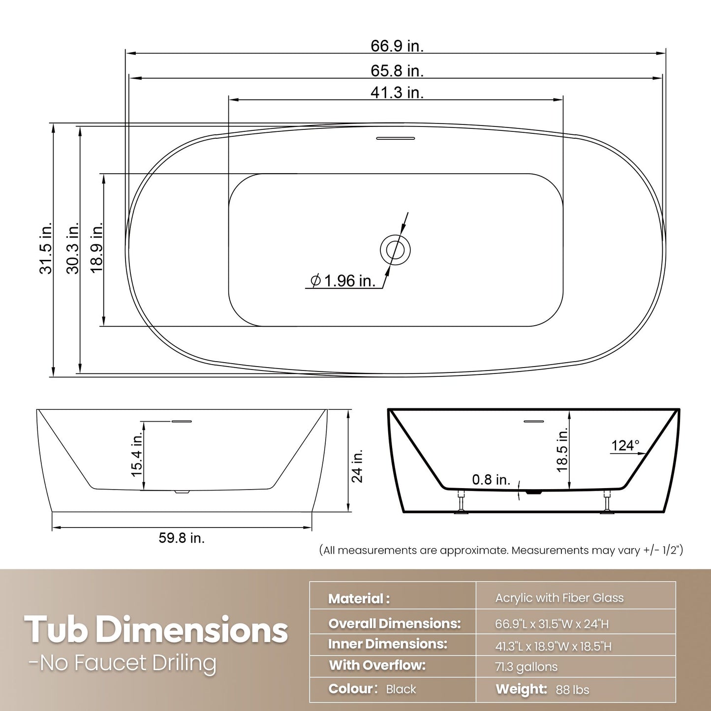 London Freestanding Acrylic Soaking Bathtub, Black, 66.9"l X 31.5"w