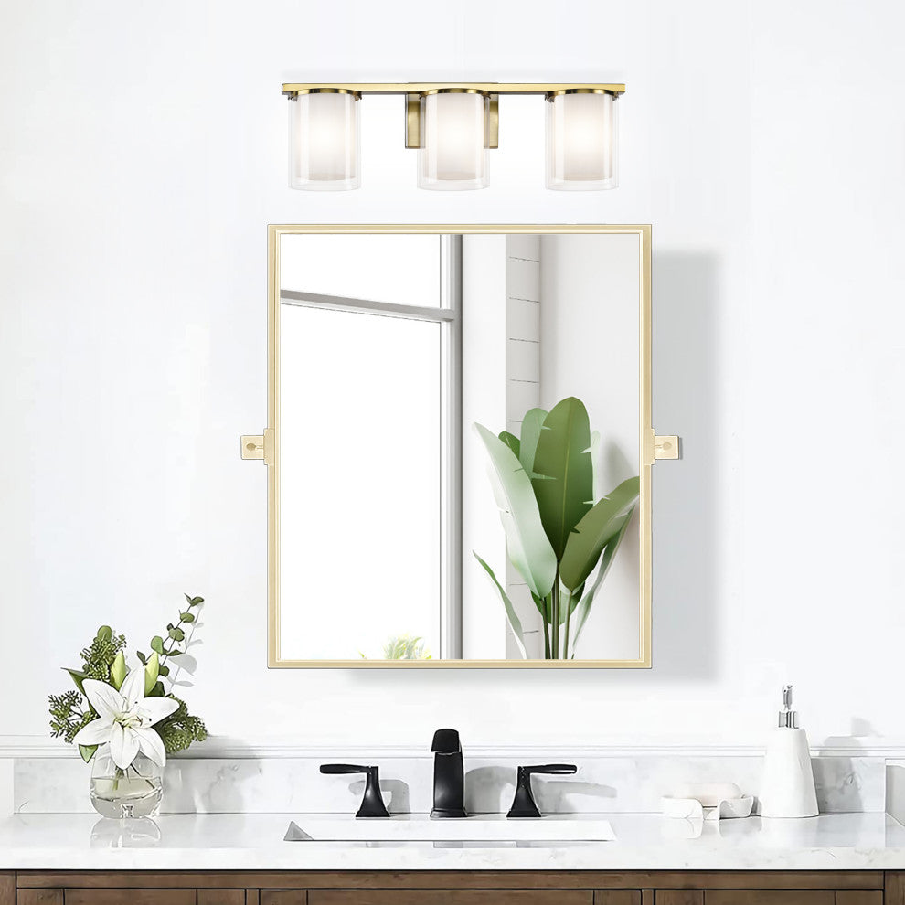3-Light Gold Modern Vanity Light With Clear Glass and White Glass Dual Shades