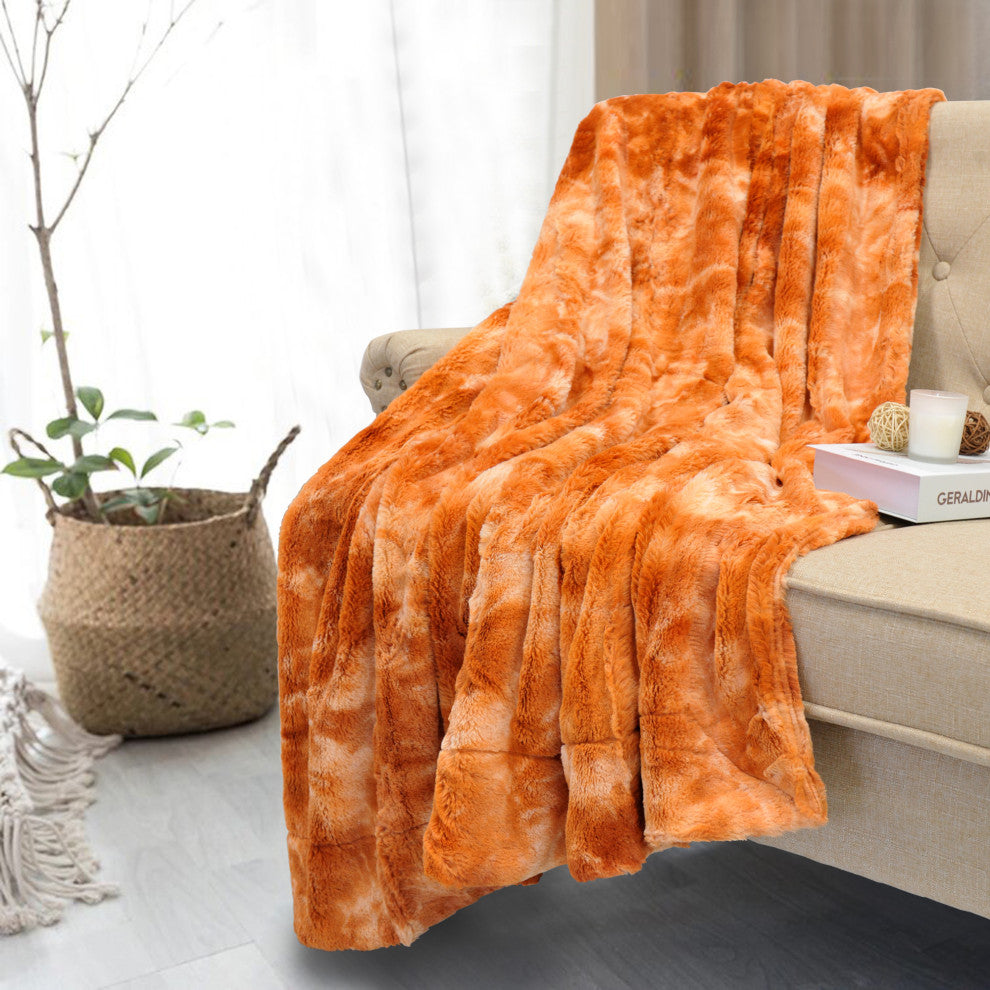 Tie Dye Double Sided Faux Fur Throws, Orange, 50" X 60"