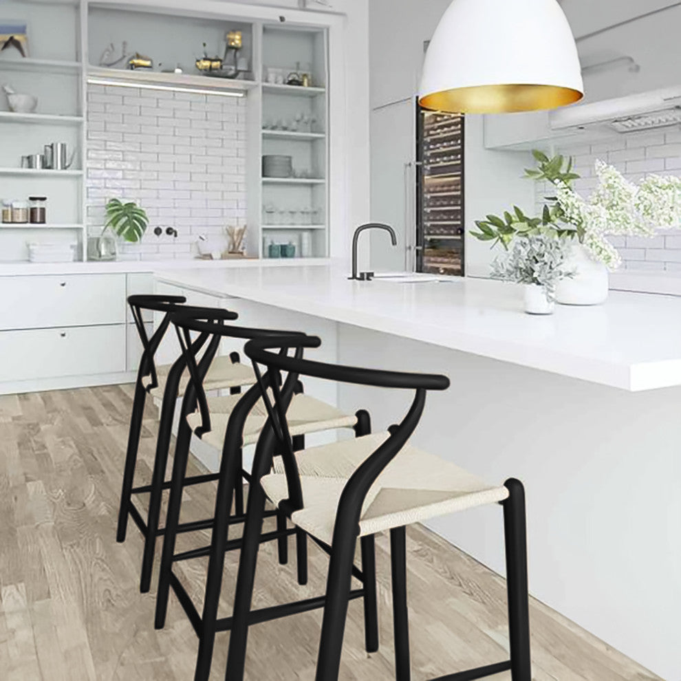 Wishbone Solid Wood Counter Height Bar Stool Y Open Back Weave Seat, Black