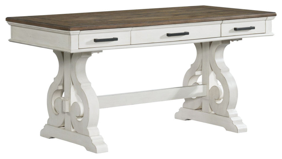 Drake 60" Wide Writing Desk, Rustic White and French Oak