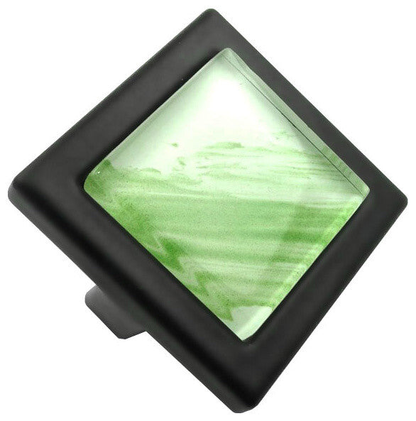 Hand Brushed Green Tilted Stroke Crystal Glass Black Metal Square Manor Knob