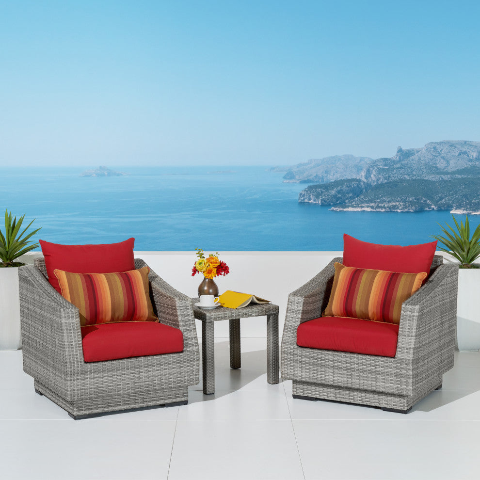 Cannes 3 Piece Sunbrella Outdoor Club Chairs and Side Table Set, Sunset Red