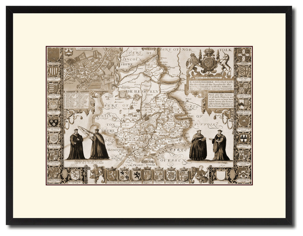 Cambridgeshire Vintage Sepia Map Canvas Print, 16"x21"