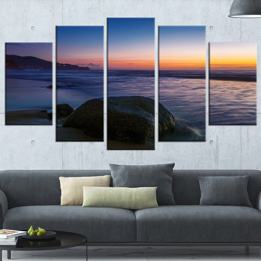 "Dark Tropical Seashore in Evening" Seascape Art Canvas, 5 Panels, 60"x32"