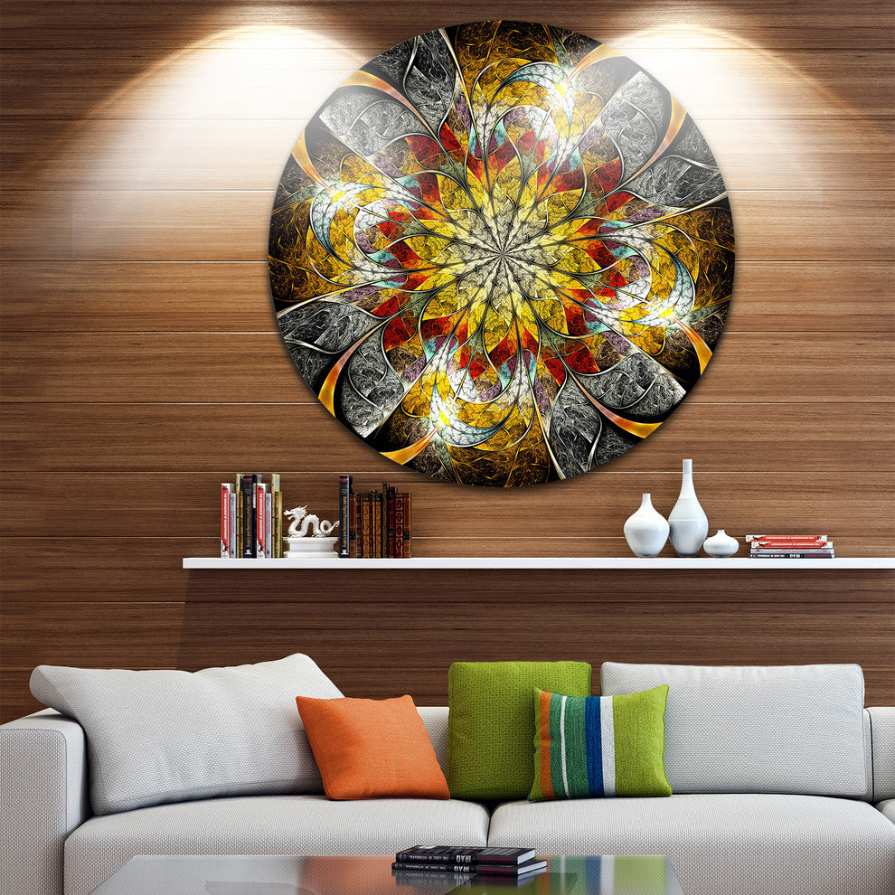 Symmetrical Golden Flower, Floral Digital Art Disc Metal Artwork, 38"