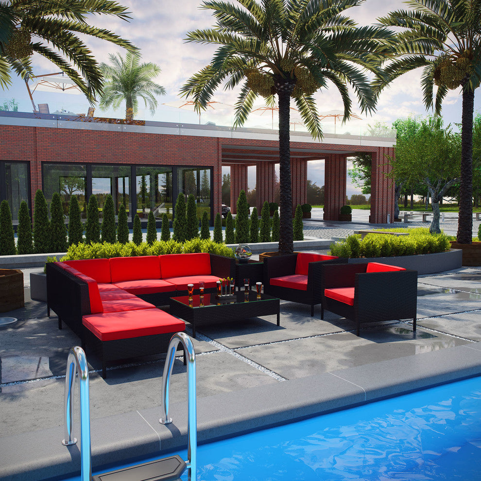 Modern Urban Outdoor Patio Rattan and Wicker Jolla 9-Piece SetSectional Set Red