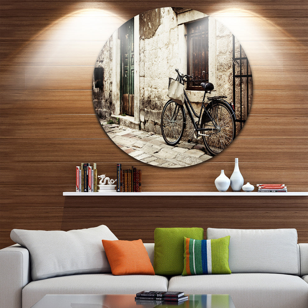 Bicycle With Shopping Bag, Landscape Photo Round Wall Art, 23"