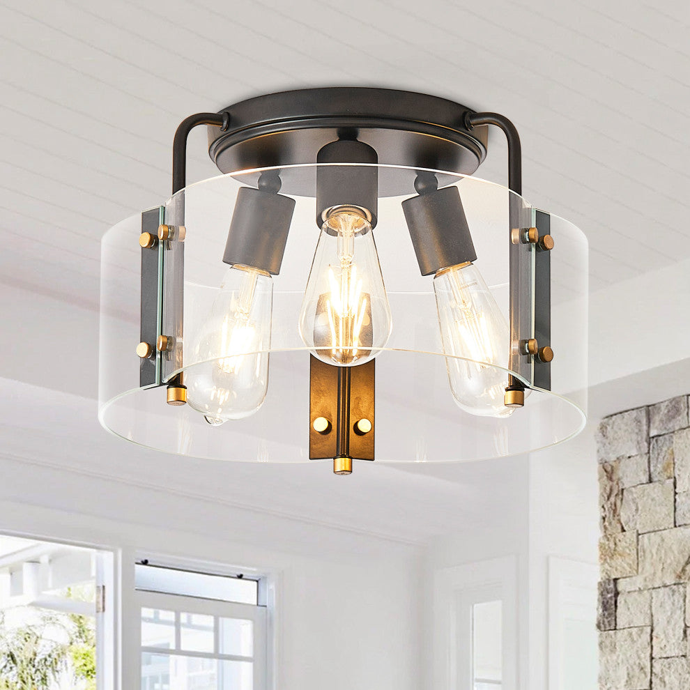 Modern 3-Light Black Semi Flush Mount Ceiling Light with Glass Shade