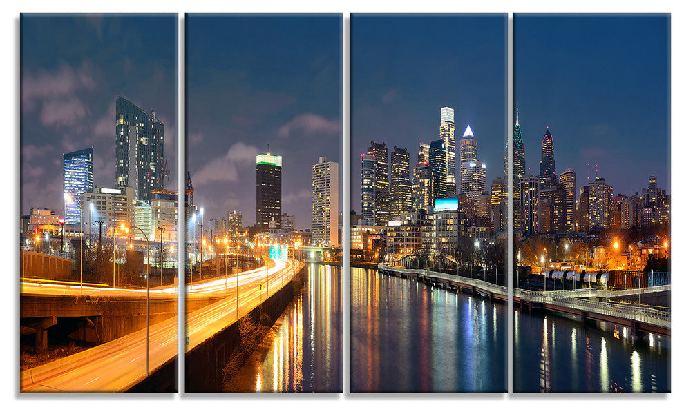"Philadelphia Skyline at Night" Canvas Print48"x28", 4-Panels