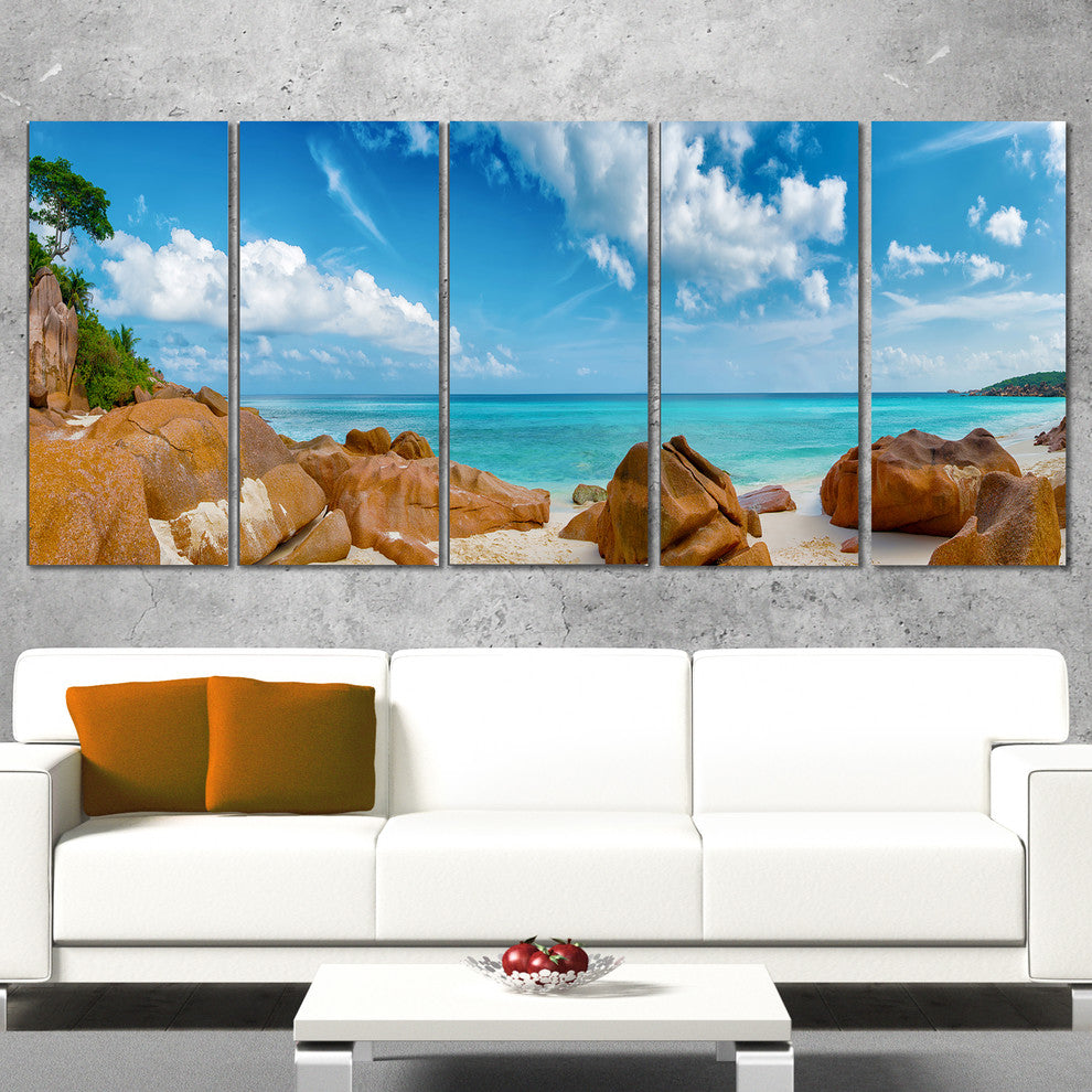 "Rocky Seychelles Island Panorama" Oversized Beach Wall Art, 5 Panels, 60"x28"