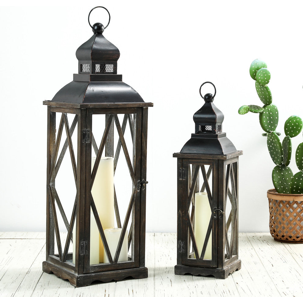 Farmhouse Wood Metal Lanterns Set of 2, Black