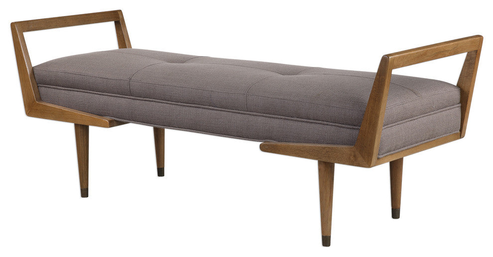 Midcentury Modern Exposed Wood Frame Bench, Tufted Gray Brown Retro Long