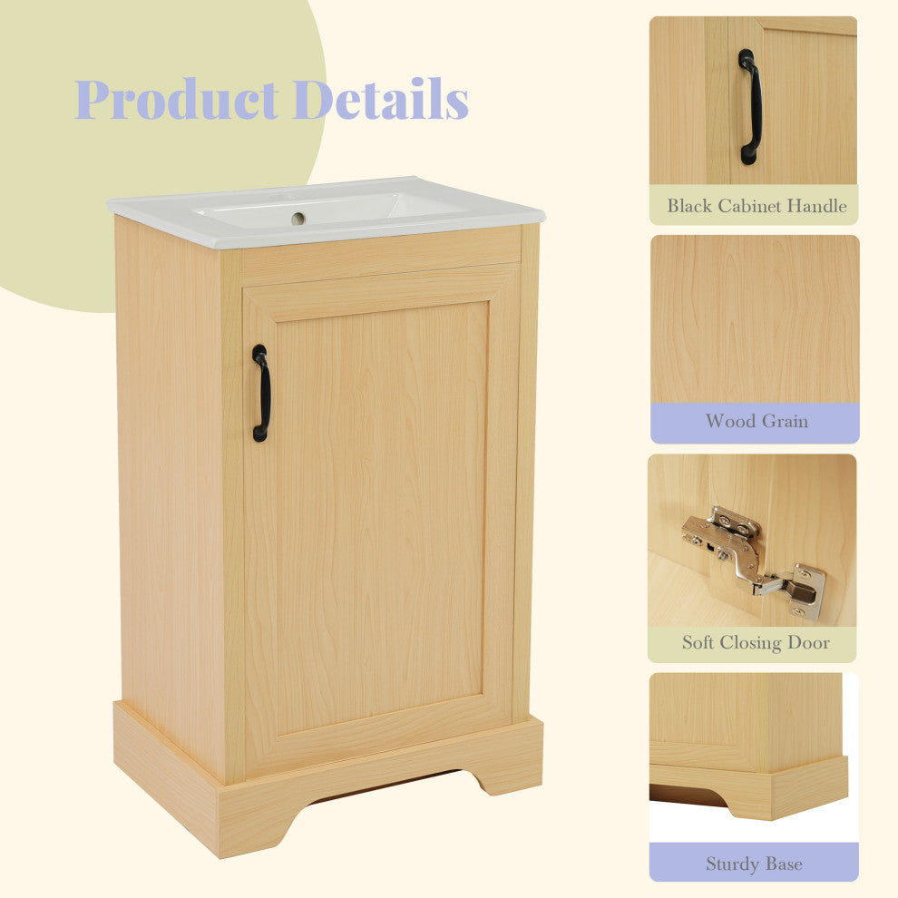 GDF Studio 20"W Storage Bathroom Vanity With Ceramic Sink, Natural