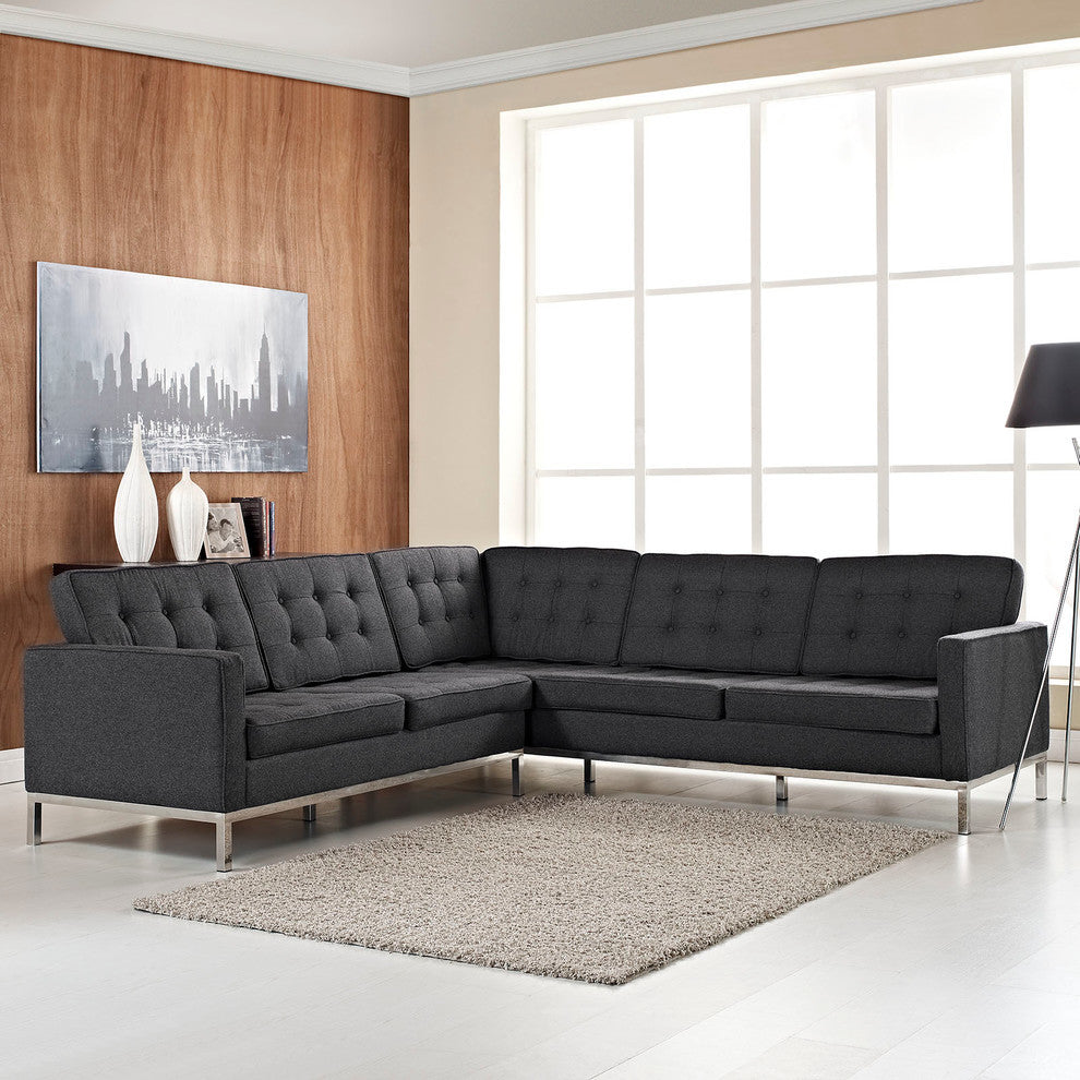 Modern Contemporary Living Room Wool L Shaped Sectional Sofa Dark Gray