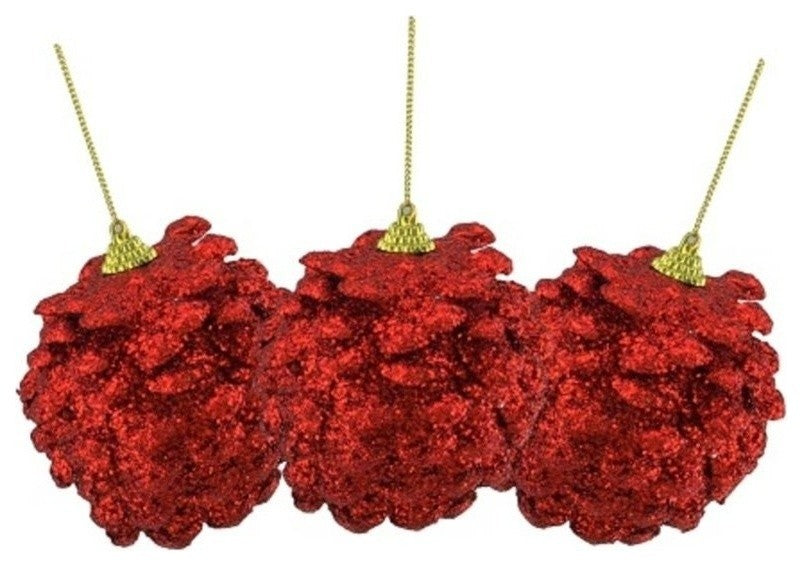 Red Holographic Glitter Drenched Christmas Pine Cone Ornaments 3", Set of 3