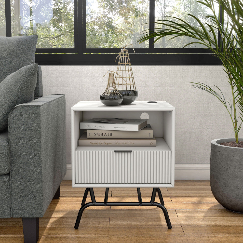 Danel Modern 18" Rectangle End Table With Drawer and USB Ports, White