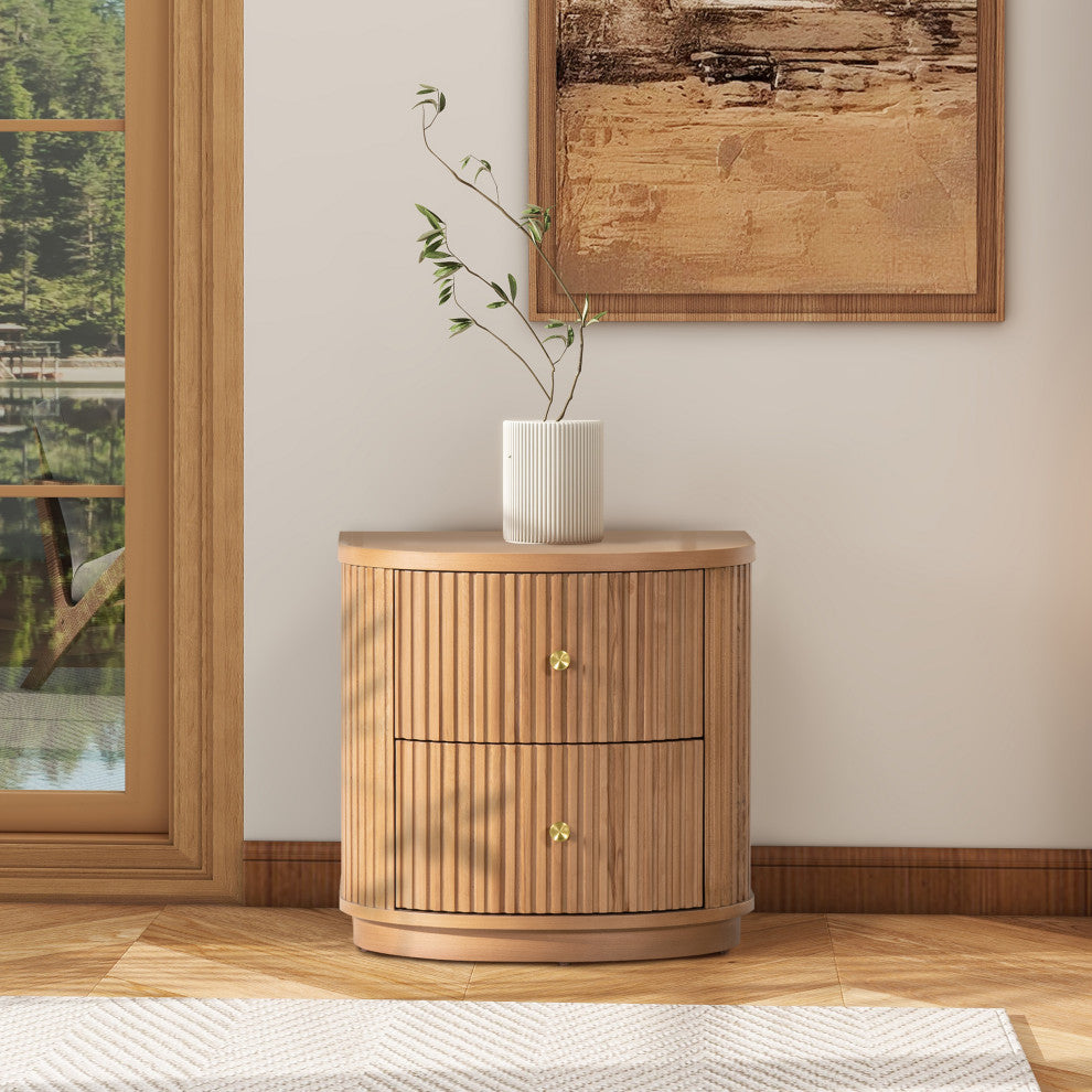 Valentine 24" 2-Drawer Fluted Storage Side Table, Natural Brown Beech Wood