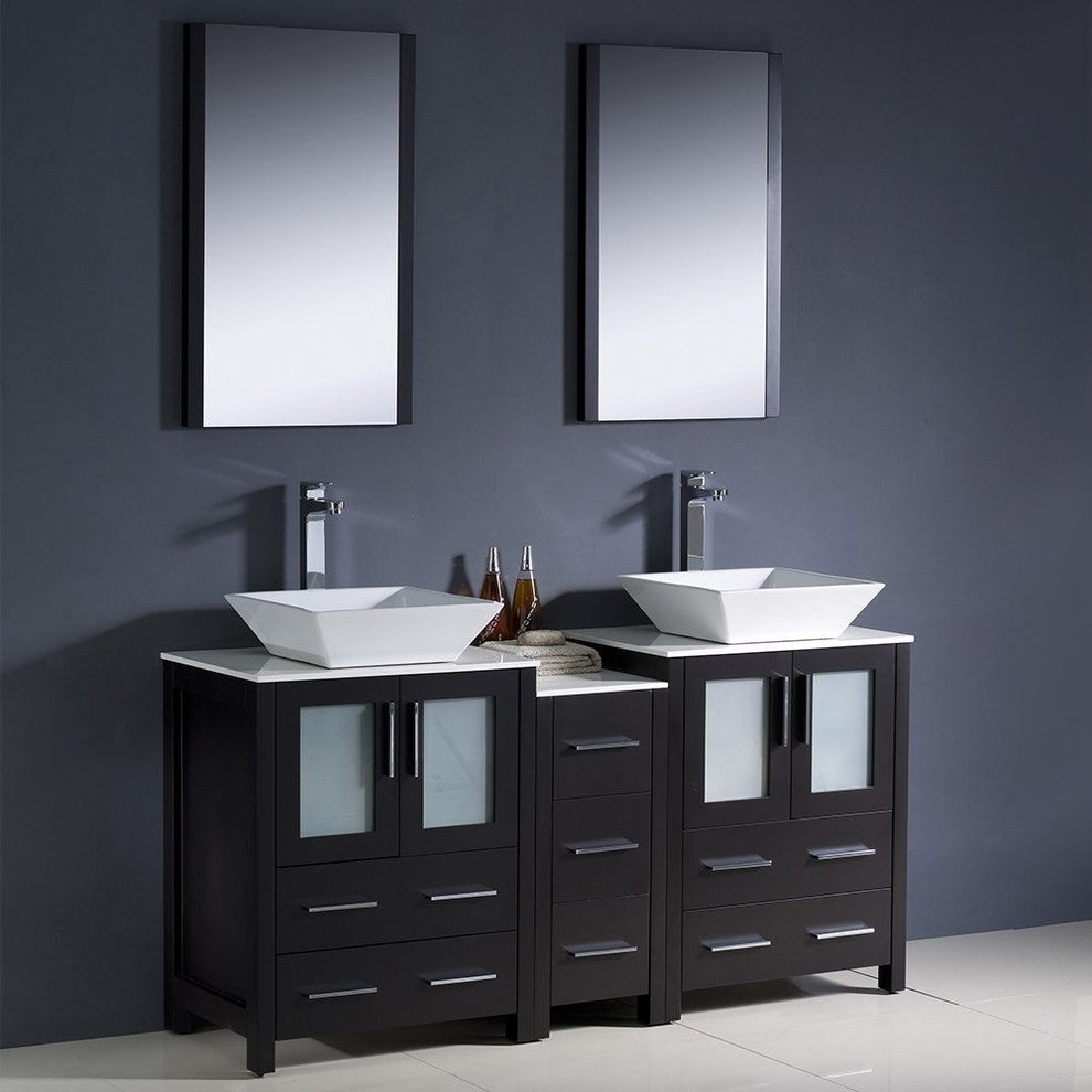Torino 60" Espresso Modern Double Sink Bathroom Vanity, Faucet FFT1045BN