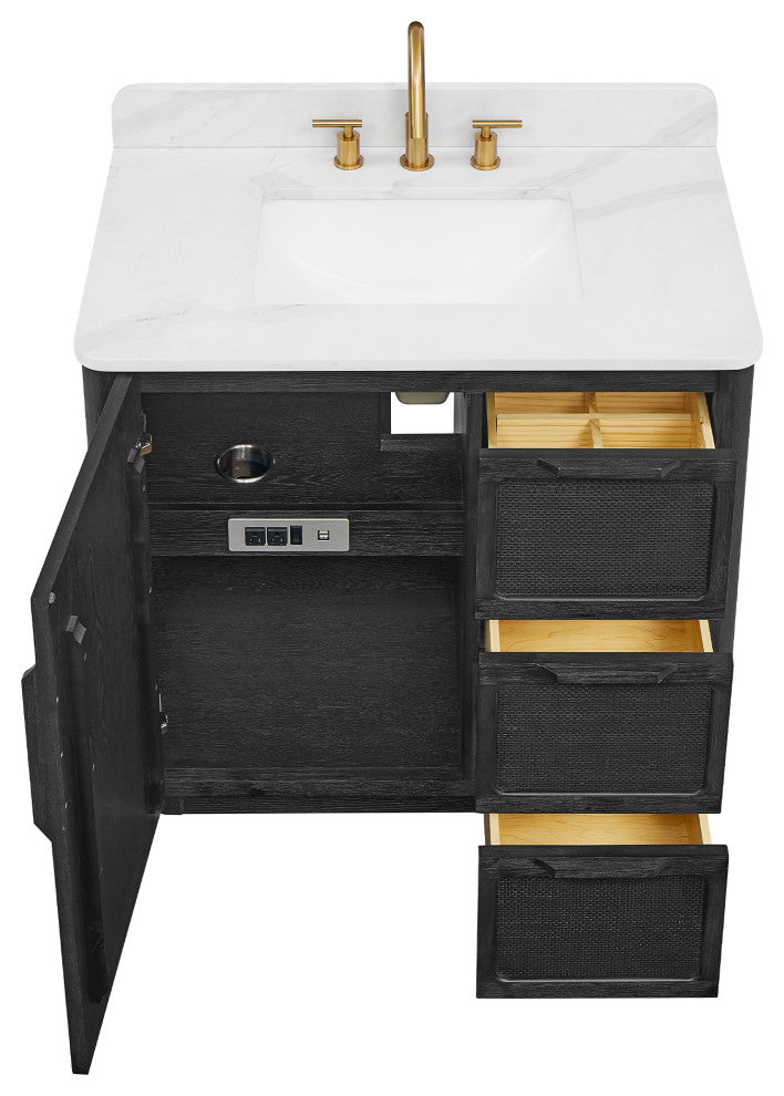 Busan Bath Vanity, Quartz Top No Mirror, Oak Classic Black, 36", Single Vanity