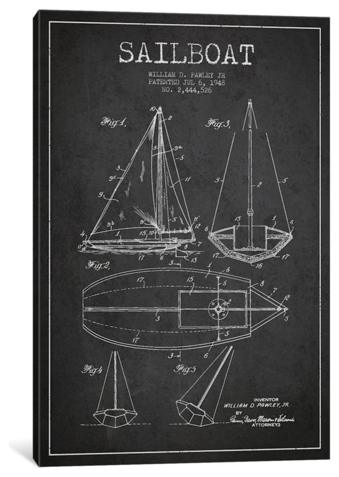 "Sailboat Charcoal Patent Blueprint" by Aged Pixel, 18x12x1.5