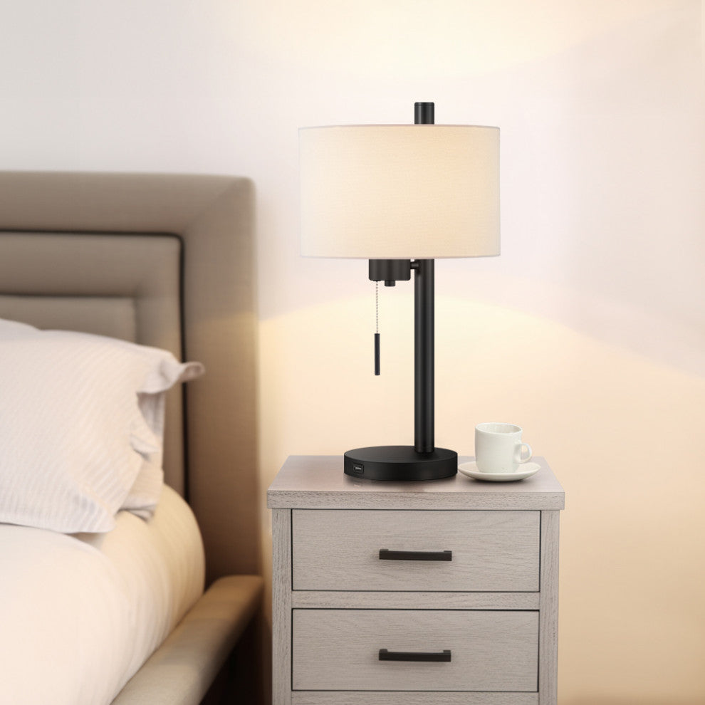 23-in Black Modern Table Lamp With USB Port and White Linen Shade