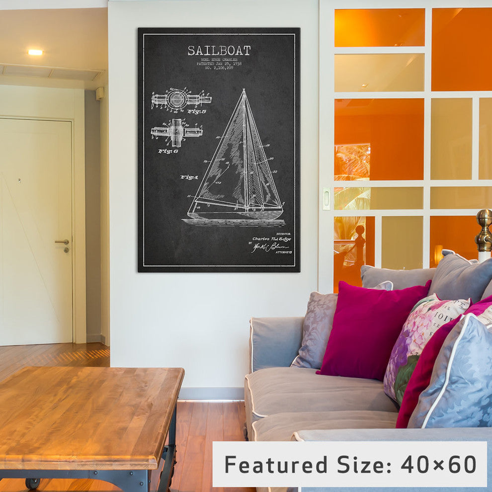 "Sailboat Charcoal Patent Blueprint" by Aged Pixel, 40x26x1.5