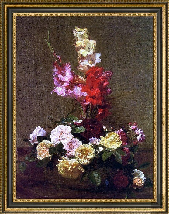 Henri FantinLatour Gladiolas and Roses Framed Premium Canvas Print, 18"x24"