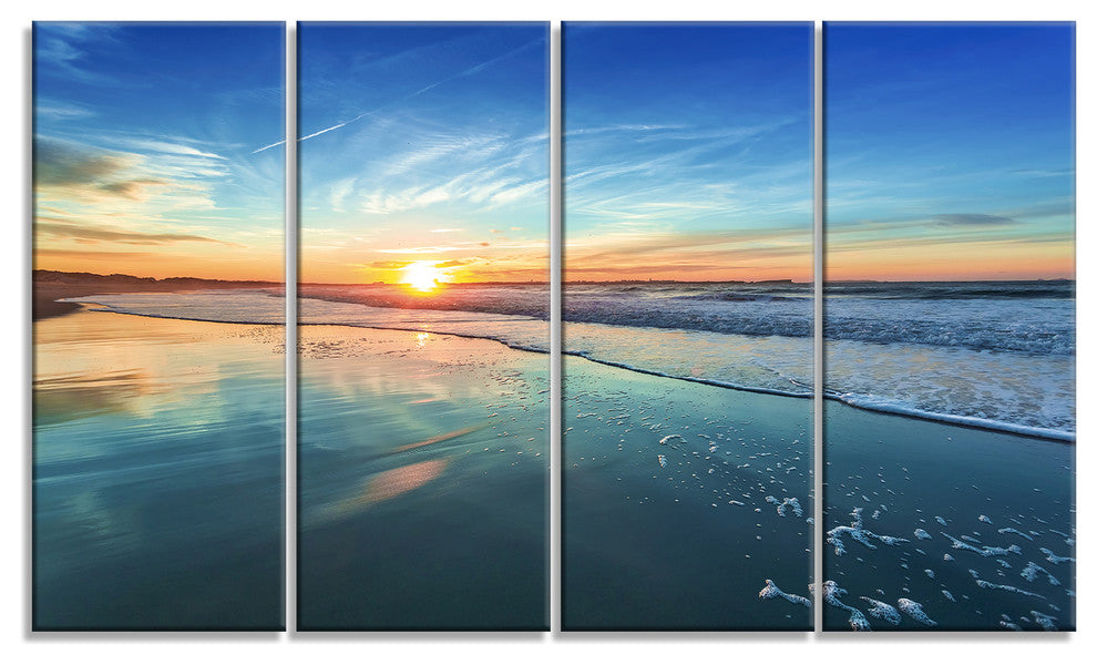 "Blue Seashore With Distant Sunset" Seashore Canvas Wall Art, 4 Panels, 48"x28"
