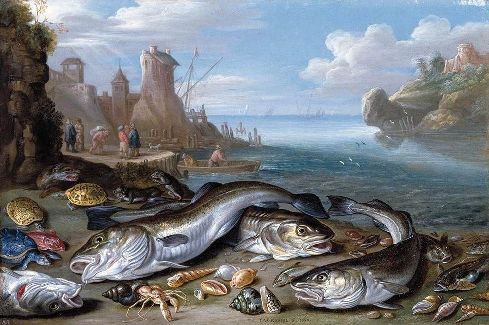 Jan Van I Kessel Harbour Scene with Fish Premium Canvas Print