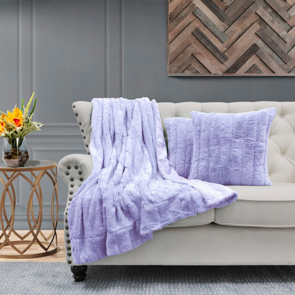 Rabbit Faux Fur Throw Blanket With 2 Pillows, Paisley Purple