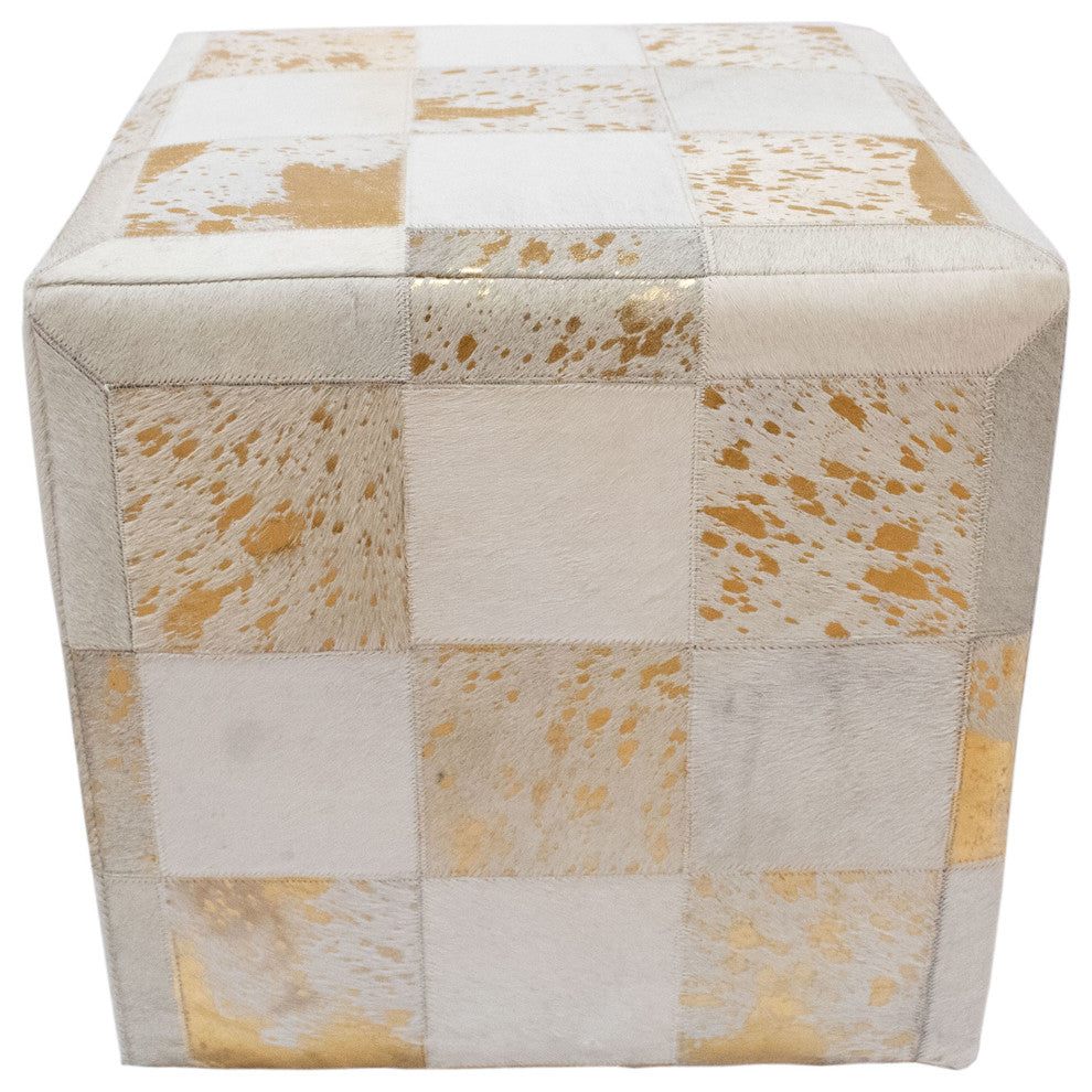 Decor Maisonette Gold Foil Hide Pouf Flynn, Ivory, 18"
