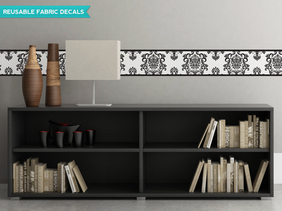 Damask Border Fabric Wall Decal, Set of 2, 25"x8" Sections, Black and White